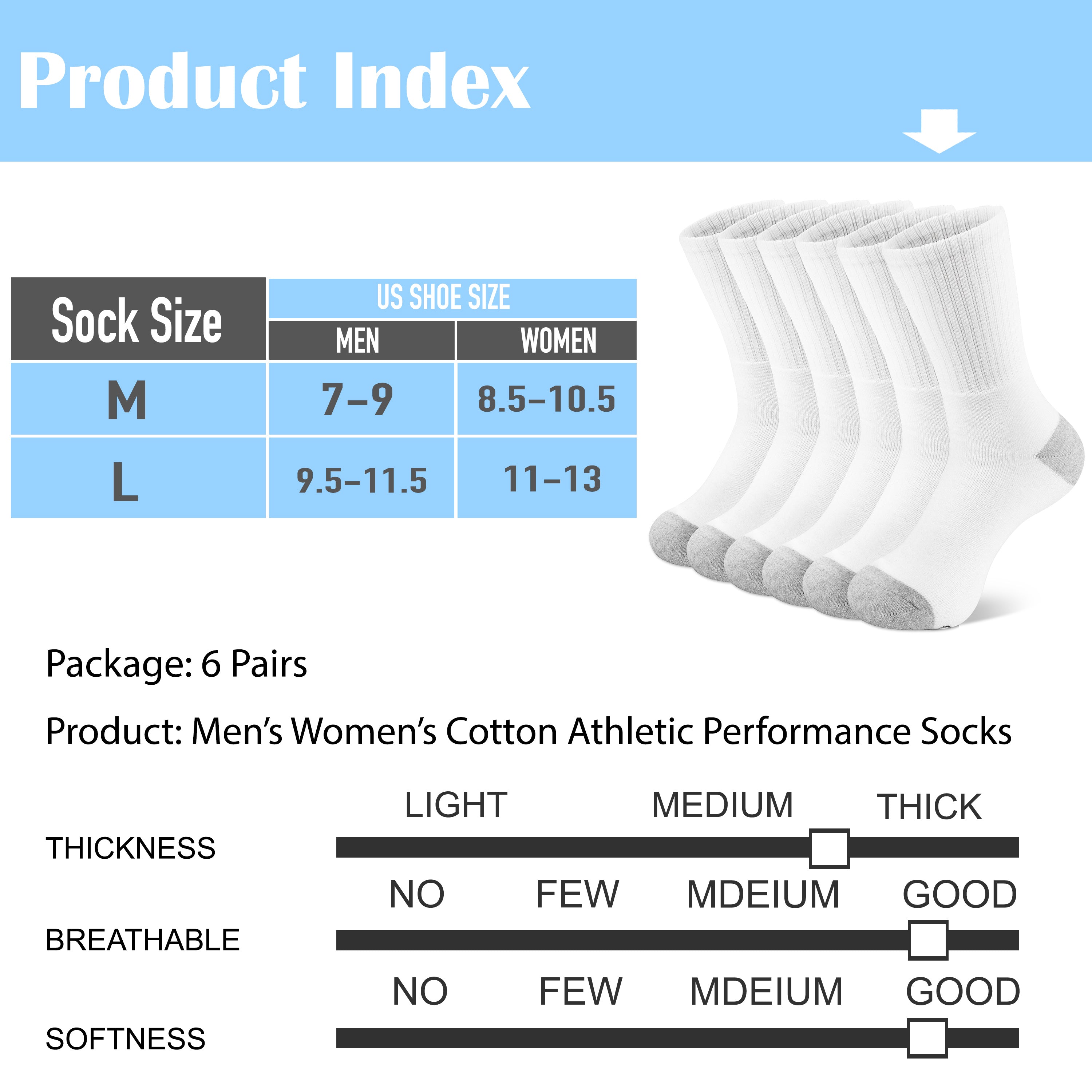 6-Pairs Cotton Athletic Crew Socks