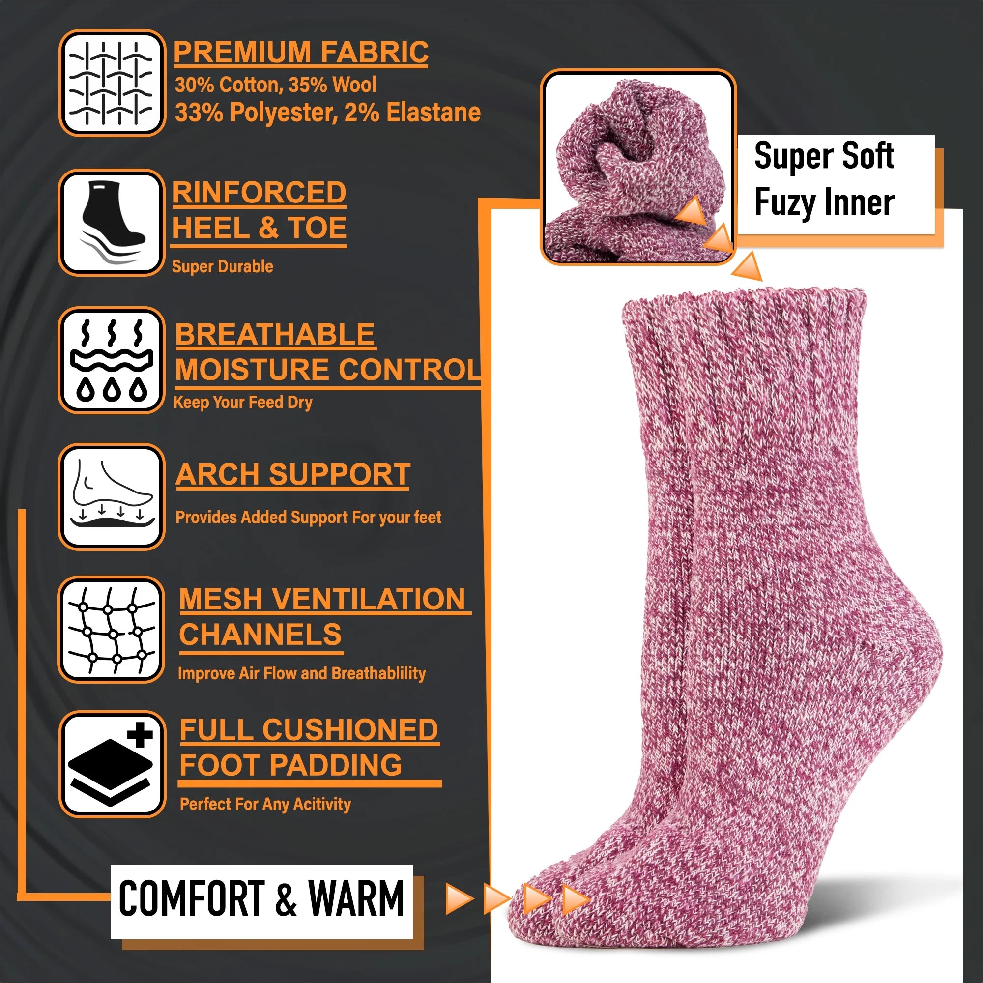 6-Pairs Women’s Merino Wool Thermal Boot Socks