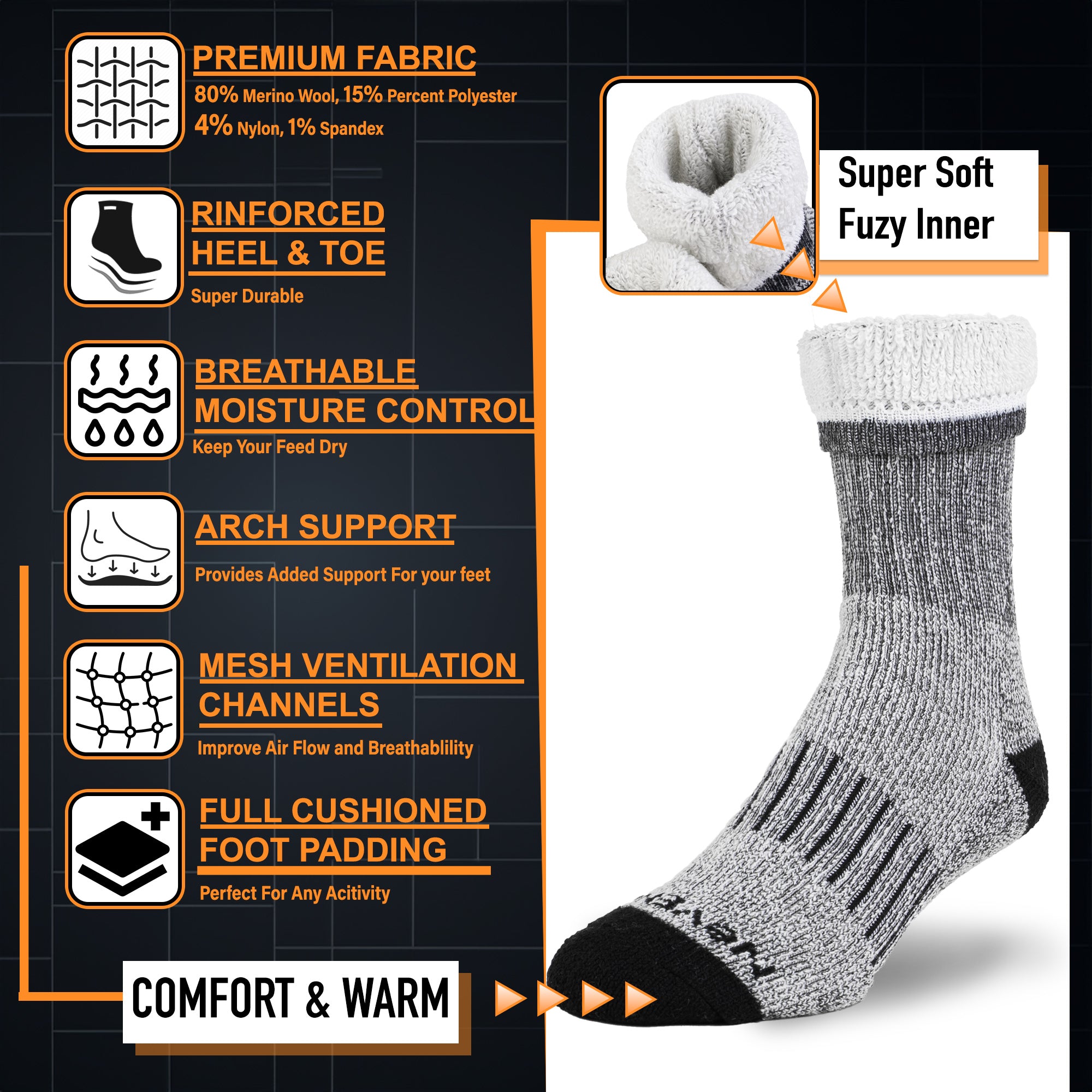 3-Pairs Premium Merino Wool Thermal Crew Socks